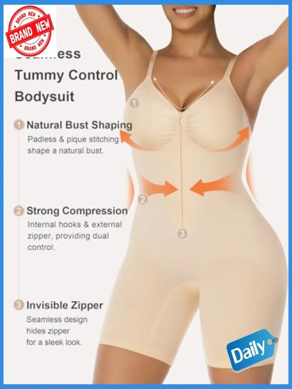 Tummy Control Shapewear Bodysuit Seamless Zip-Up Body Shaper